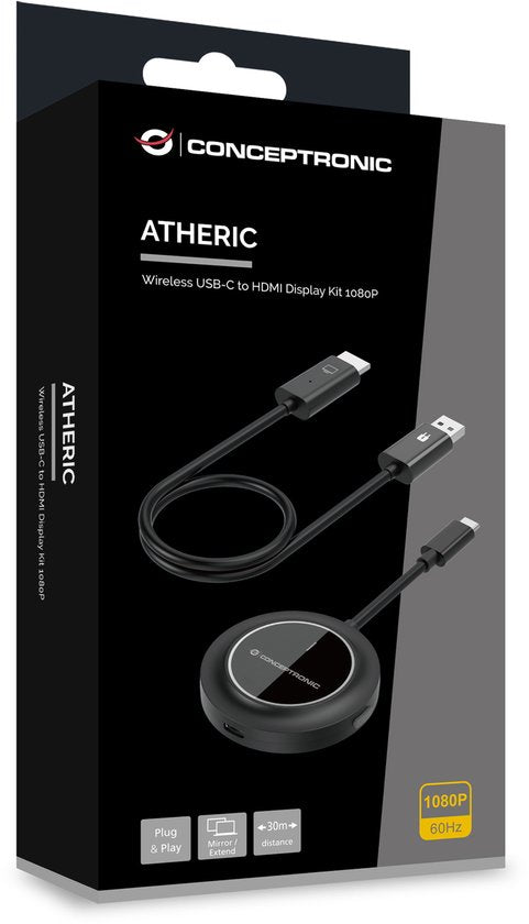 Conceptronic ATHERIC01B - Draadloze Beeldschermadapter - Draadloze USB-C naar HDMI beeldschermset 1080P - HDMI/USB - Volledige HD Dongle