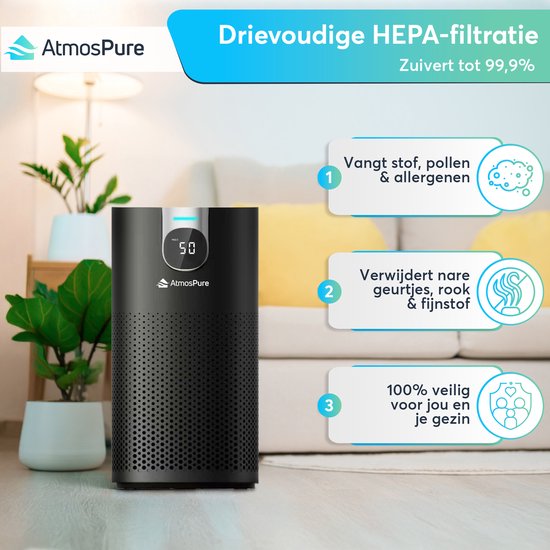 AtmosPure® CleanAir Luchtreiniger - Air Purifier met vervangbaar HEPA 13 + Koolstoffilter - CADR 250 m³/h - Zwart - Voor 98 m² - Werkt tegen huisstofmijt, hooikoorts, allergie, -3 standen + stille slaapstand - Luchtkwaliteit Sensor