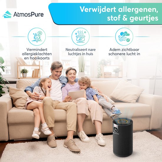 AtmosPure® CleanAir Luchtreiniger - Air Purifier met vervangbaar HEPA 13 + Koolstoffilter - CADR 250 m³/h - Zwart - Voor 98 m² - Werkt tegen huisstofmijt, hooikoorts, allergie, -3 standen + stille slaapstand - Luchtkwaliteit Sensor