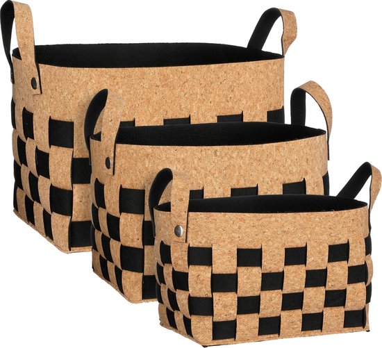 Mica Decorations Opbergmand - Set van 3 - L40 x B30 x H30 cm - Kurk/Vilt - Zwart