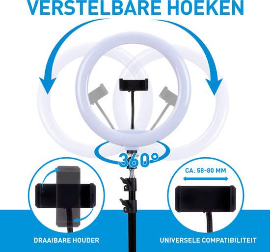 Grundig Ringlamp met Statief - Verstelbaar Ringlight tot 195cm - Tiktok Lamp met Telefoonhouder - Selfie Ring Light - Ringlamp met 3 Lichtstanden - Make Up Lamp