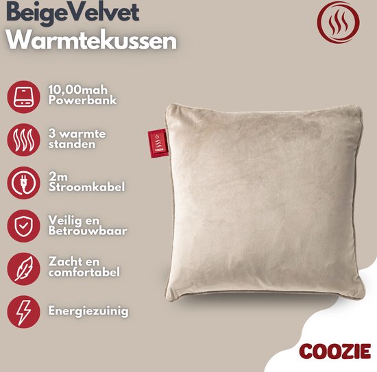 Coozie Warmtekussen Beige Velvet - Elektrisch Oplaadbaar - Draadloos Warmte Kussen - 45 x 45 cm