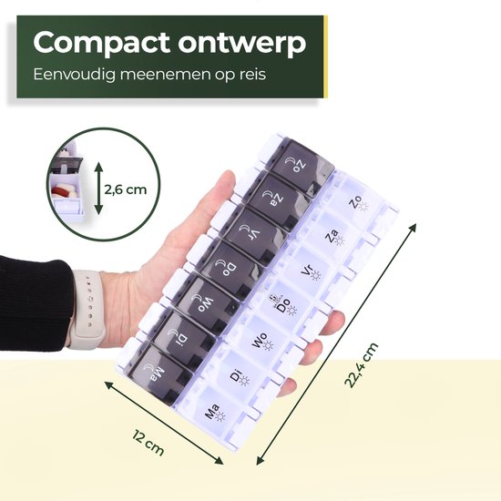 Gandria Pillendoos 7 Dagen - Pillendoosje - Pillesdoosjes met 14 Compartimenten - Medicijndoos met Stevige Sluiting - Grote vakken - Zwart/Wit