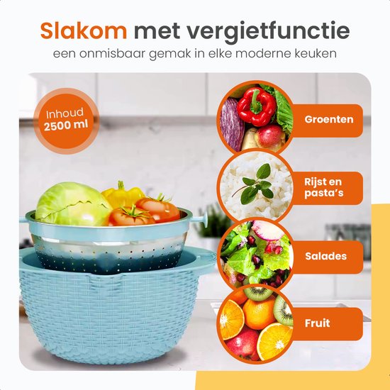 Goliving Slakom - 2,5L - Ø 26 cm - Mengkom - Vergiet - Beslagkom met Deksel - Serveerschaal - Groentesnijder - Hakmolen - Blauw