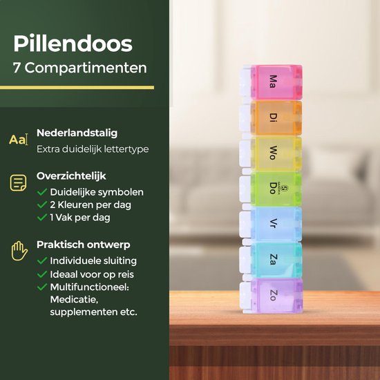 Gandria Pillendoos 7 Dagen - Pillendoosje - Pillesdoosjes met 7 Compartimenten - Medicijndoos met Stevige Sluiting - Grote vakken - Verschillende kleuren