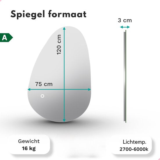 Mirlux Badkamerspiegel met LED Verlichting – Asymmetrisch - Organisch Wandspiegels – Anti Condens Douchespiegel - Wandspiegel 120x75CM