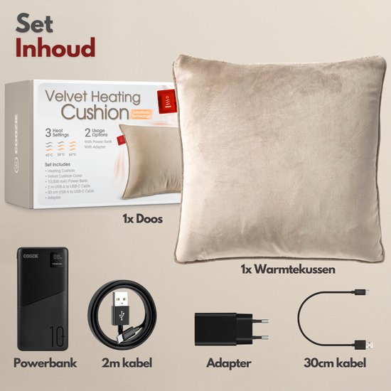 Coozie Oplaadbaar Warmtekussen – Draadloos & Bedraad – 45–65°C – Velvet – 45 x 45 cm – Beige – Elektrisch Kussen – Incl. Powerbank – Tot 8 uur warmte