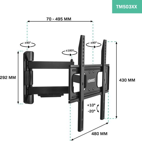 VONROC TV beugel – Draai- en kantelbaar voor 32 t/m 75 Inch – Universeel tot 50 kg. – Incl. montagemateriaal