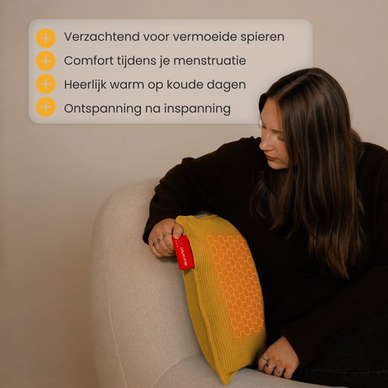 Auronic Warmtekussen - Gebreid - 45x45 - Draadloos - Oplaadbaar - Elektrisch kussen - Infrarood - Geel