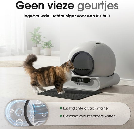 Vivex® Automatische Kattenbak – Zelfreinigende Kattenbak - Inclusief App – 75L - incl Matje en 5 Rollen opvangzakjes - XXL