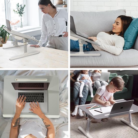 LifeGoods Laptoptafel - Laptopstandaard - Inklapbaar en Verstelbaar - Schoottafel met Tablethouder en Boekenstandaard - Bank, Bed, Schoot, Tafel - Wit / Grijs