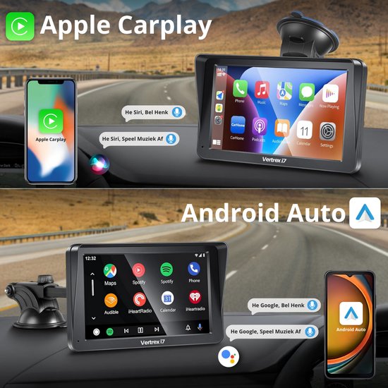 Vertrex Slimme Auto Display - Scherm Compatibel met Carplay en Android Auto - Car Play - Draadloos - 7-Inch - Touchscreen - Zwart