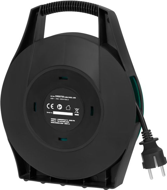 VONROC Kabelhaspel 10m – IP20 – PVC Kabel H05VV-F 3G1.5mm² – 4 geaarde Schuko stopcontacten – 3200W (uitgerold)/1100W (opgerold) - Thermische beveiliging