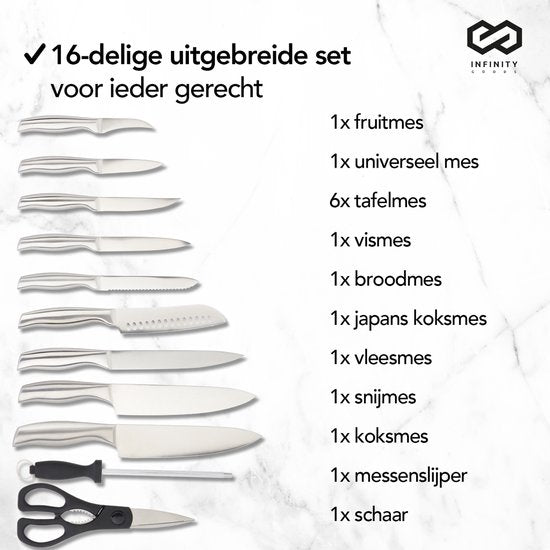 Infinity Goods Messenset - Messenblok - 16 Delig - Met Blok, Messenslijper En Schaar - Krasbestendig - RVS - Zilver/Zwart