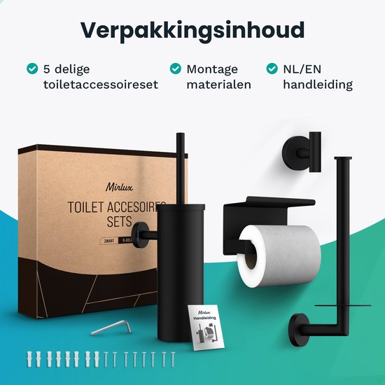 Mirlux Badkameraccessoireset - Toiletborstel met houder - Toiletrolhouder - Wc Rolhouder zonder boren - Handdoekhaakjes Zelfklevend - Reserverolhouder - Toiletborstelhouder - Zwart