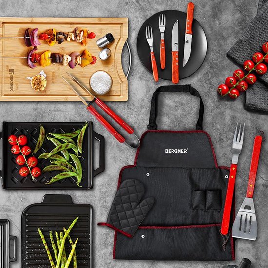 Bergner BBQ Accessoires 7 Delige Gereedschapset - Roestvrijstaal - Geschenkset - met bbq Schort