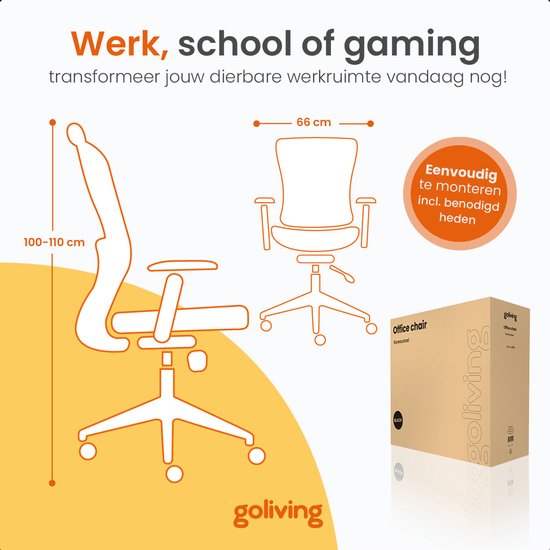 Goliving Ergonomische Bureaustoel - Kantoorstoel - Office Chair - Verstelbaar - Op Wieltjes - Voor Volwassenen - NEN-1335 - Zwart