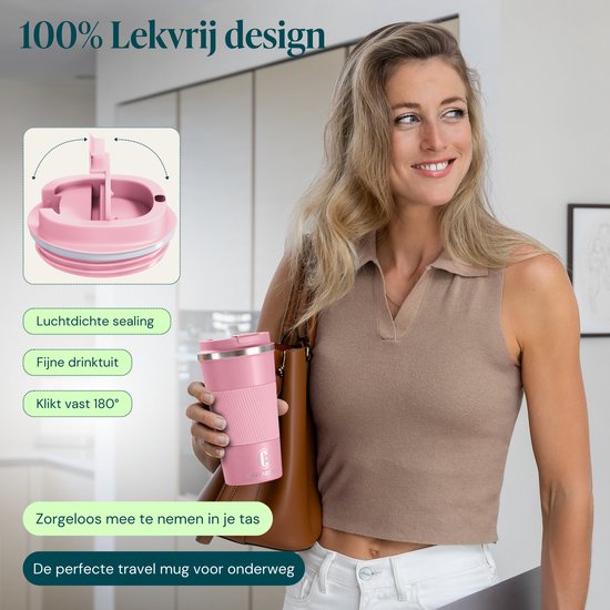 Castagnola Thermosbeker - Koffiebeker To Go - Travel Mug voor Koffie en Thee - Theebeker - 510 ML - RVS - Roze