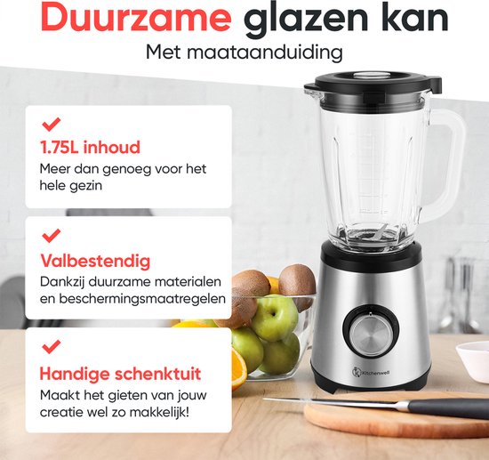 Kitchenwell Blender – Incl. To-Go Beker & Pulsefunctie – 1300 W – 17.2 x 21 x 43 cm – Grijs