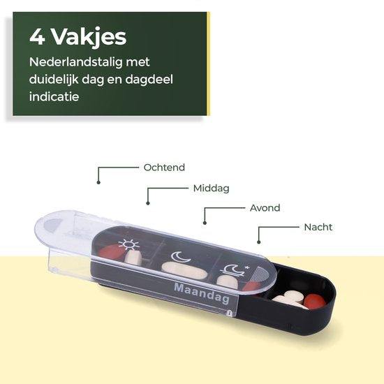 Gandria Pillendoos 7 Dagen - Uitneembaar Pillendoosje - Stapelbare Medicijndoos met 28 Compartimenten - Medicijndoos met Stevige Sluiting - 4 Vakken per Dag - Zwart