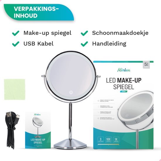 Mirlux Make Up Spiegel met LED Verlichting - 10x Vergroting Licht – Scheerspiegel Klein Op Voet - 3 Lichtstanden - Oplaadbaar - Vergrootspiegel Chroom