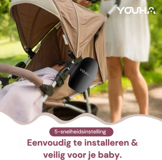 Youha Baby Rocker – Automatisch je kinderwagen of buggy wiegen - Handen vrij van het wiegen - Rocker voor kinderwagen - Slaaphulp baby - 5 wiegstanden - Inclusief opbergtasje & oplaadkabel - kleur: zwart
