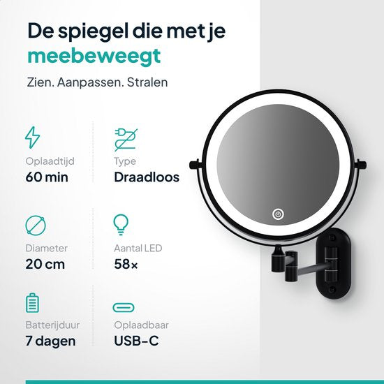 Mirlux Make Up Spiegel met Led Verlichting - Oplaadbaar - 5X Vergroting - Vergrootspiegel met Licht - Scheerspiegel - Badkamerspiegel - Zwart