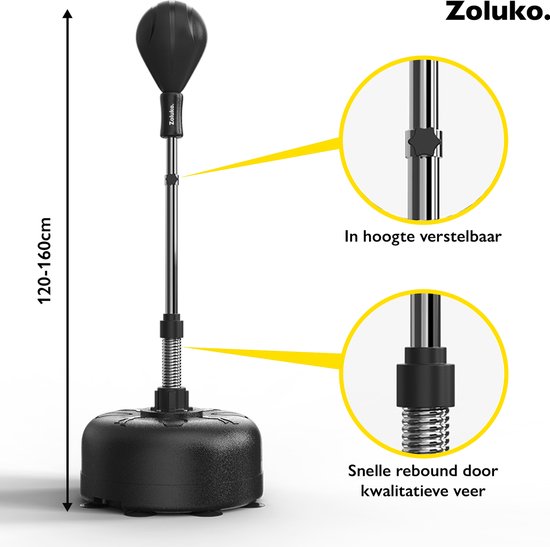 Zoluko Professionele Boksbal op Voet - Incl. E-Book - Verstelbaar in Hoogte 120-160cm - Voor Binnen en Buiten - Bokstrainer - Boksbal op Standaard - Boksset - Boksbal Staand - Boxing – Thuis Sporten – Bokspaal - Zwart