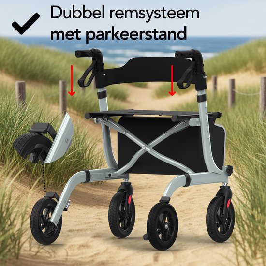 Brixy Rollator - Lichtgewicht En Opvouwbaar - Zitfunctie - Rugleuning, Tas En Wandelstokhouder - Grijs