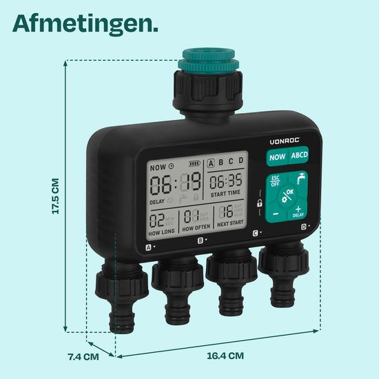 VONROC 4-weg watertimer – Besproeiingscomputer voor 4 zones – Instelbare bewateringstijd en -frequentie per zone