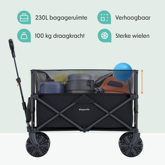 LifeGoods Bolderkar - Opvouwbare Bolderwagen - 100KG - 230L - Verhoogbaar - Met Beschermhoes - Zwart