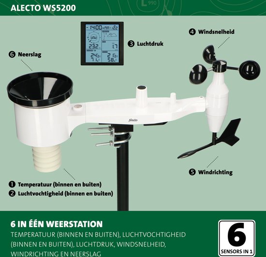 Alecto WS5200 - Professioneel WiFi Weerstation met Buitensensor - App besturing - 6-in-1