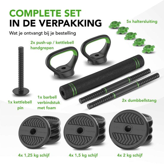 Tunturi Halterset en Dumbbells Vinyl 20 kg – Gewichten Set met Kettlebell en Barbell – Opdruksteunen - Schroefsluiting 30 mm – Anti-Slip Grip