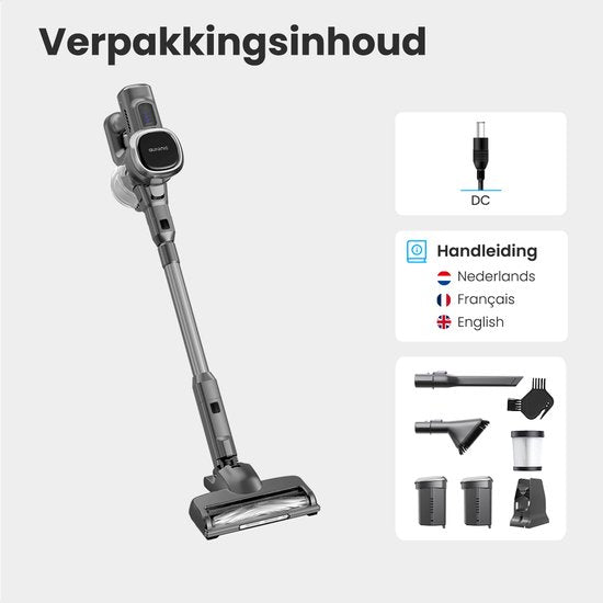 Auronic Steelstofzuiger - Draadloos - Zonder Zak - Op Accu - Zelfstaand - 220W - Extra Batterij - Stofzuiger - Grijs