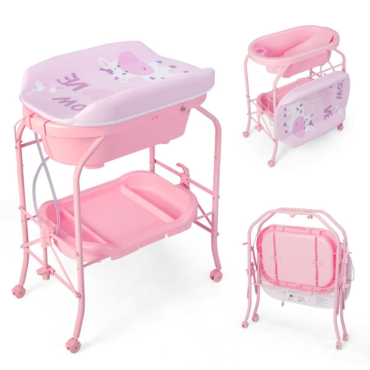 Coast 4-in-1 Opvouwbare Verschoontafel met Bad en Wielen - Roze - 86 x 50 x 100 cm