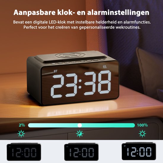 Digitale Wekker - met Radio, Bluetooth en Draadloze Oplader - Wekkerradio - Snooze Functie - Zwart - van Faas