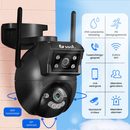 Beveiligingscamera Buiten - 2 Stuks - Wifi en 256GB - Buiten Camera met Nachtzicht - Dubbele Lens - Zwart - van Saaf