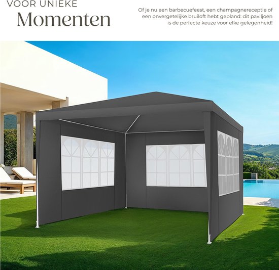 Tectake Partytent - Paviljoen - Opvouwbaar - Met Zijwanden - Waterdicht - 300 x 300 cm – Grijs