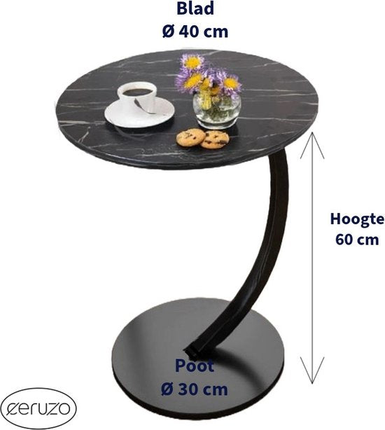 Ceruzo Bijzettafel - Zwart gemarmerd blad - Rond 40 cm - Hoog 60 cm -Banktafel- C Shape