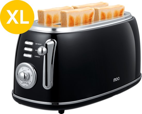 MOA Retro Broodroaster - BPA Vrij - Toaster voor 4 Sneden - Extra Brede Sleuven - 6 Warmteniveaus - 1500W - Zwart