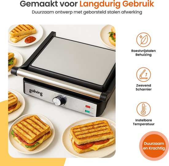 Goliving Tosti Apparaat XL - Contactgrill - Tosti Ijzer - 29 x 23 cm - Panini Grill - Compact - Instelbare temperatuur - Zwart