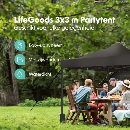LifeGoods Partytent - Paviljoen - Easy Up - Opvouwbaar - Zijwanden - Waterdicht - Met Draagtas - 292 x 292 cm – Antraciet