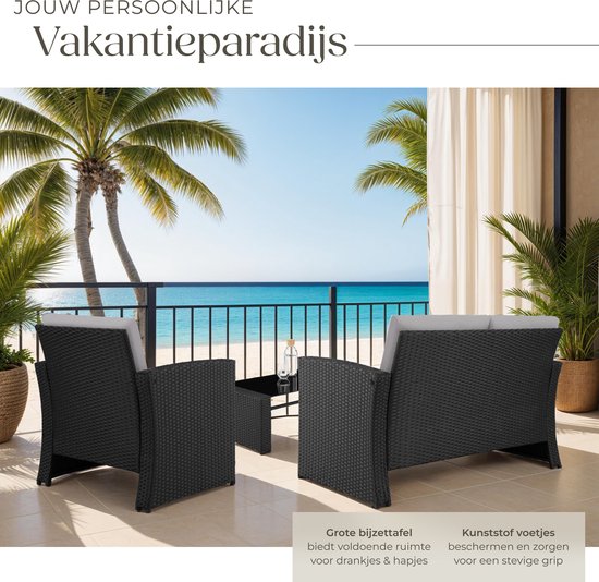 tectake® Wicker Tuinset voor 4 Personen - 2-zits Tuinbank en 2 Tuinstoelen - Tafel met Afneembaar Glazen Blad - Comfortabele Zit- en Rugkussens - Loungeset voor Tuin, Terras, Balkon - Zwart