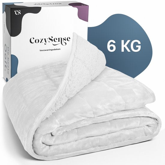 CozySense® Verzwaringsdeken 6 kg - Weighted Blanket - Zwaartedeken - GLASS-Flow® Drukverdeling - 135x200 - Flanelfluweel & Sherpa - Hypoallergeen - Wit