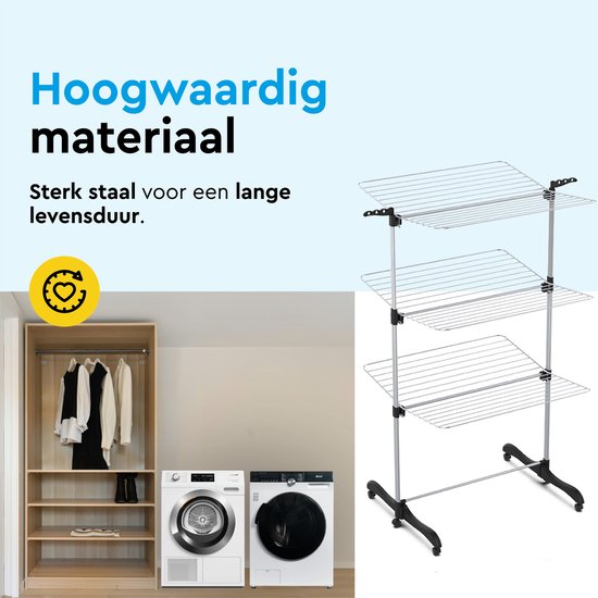 BRASQ Droogtoren Inklapbaar 3 Lagen - Drooglengte 36 Meter - Wasrek met Wieltjes en houders - Droogrek - Wastoren 77x73x140 cm