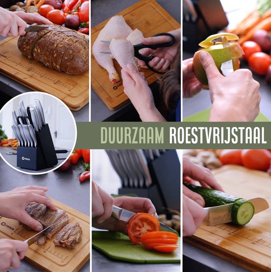 COOCK - Messenset met Blok en Vouwbare Snijplank - Keukenmessen met Schaar en Aanzetstaal (Messenslijper) - 17-Delige Keukengerei set in Messenblok – Met Krasbestendige Coating - Full RVS