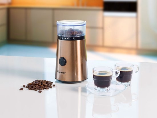Bestron ACG1000CO Elektrische Koffiemolen – 150W – RVS Messen – 50 g Capaciteit – Koperkleur – Voor Koffiebonen & Kruiden - 5 jaar garantie