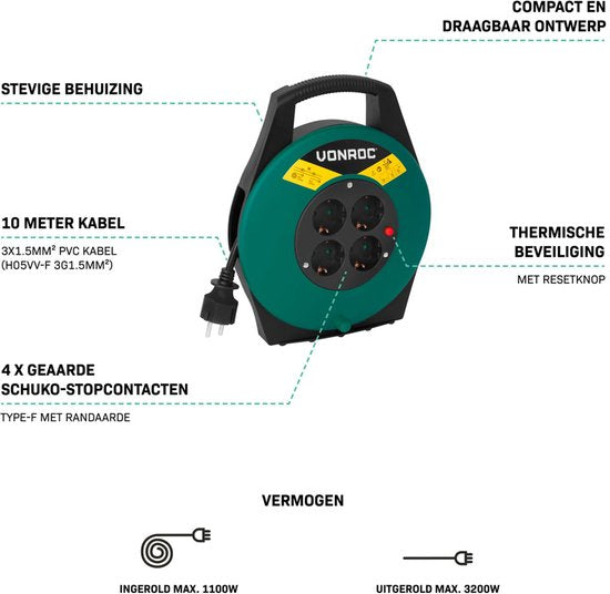 VONROC Kabelhaspel 10m – IP20 – PVC Kabel H05VV-F 3G1.5mm² – 4 geaarde Schuko stopcontacten – 3200W (uitgerold)/1100W (opgerold) - Thermische beveiliging