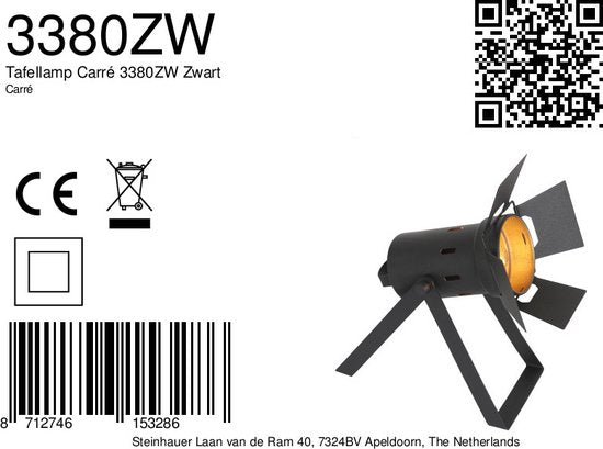 Tafellamp Carré 3380ZW - zwarte industriële lamp van metaal en kunststof, kantelbaar, E27 fitting, Mexlite