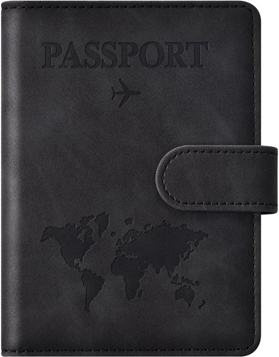 Travelhawk Paspoorthoesje - paspoorthouder - Travel Wallet - Organizer - RFID - Wereldkaart - PU Leer - Zwart